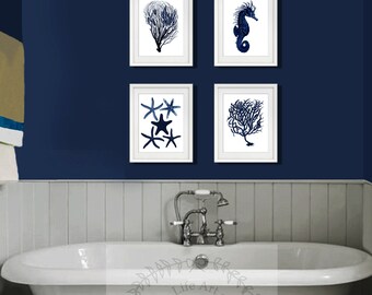 Coastal Wall Decor Navy Blue Wall Art set of 4 Beach Decor | Etsy