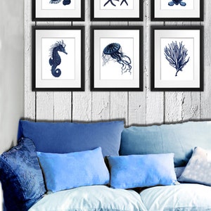 Dark Navy Blue Beach Decor Set of 6 Unframed Coastal Bathroom Etsy Wall ...