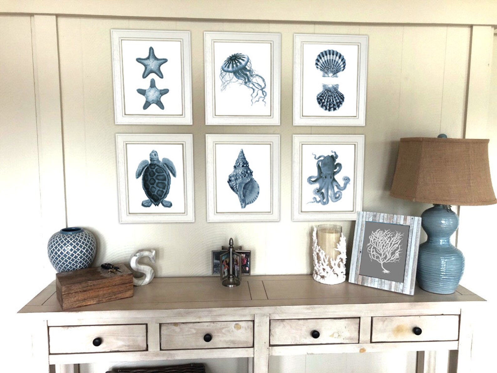Beach Themed Entryway Wall Decor, Set of 6 Unframed Blue Grey Art ...