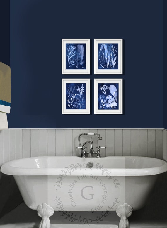 Strand Haus Wand Dekor Set Aus 4 Ungerahmt Blau Und Weiss Algen Etsy