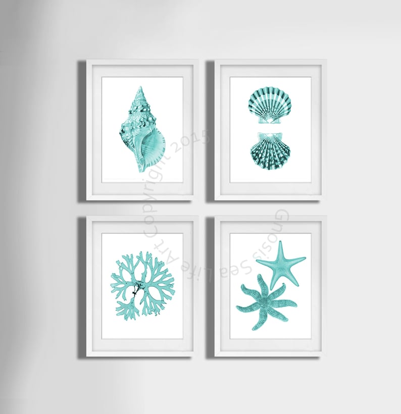 Turquoise Wall Art Set of 4 Unframed Art Prints Beach Decor, Seashells ...