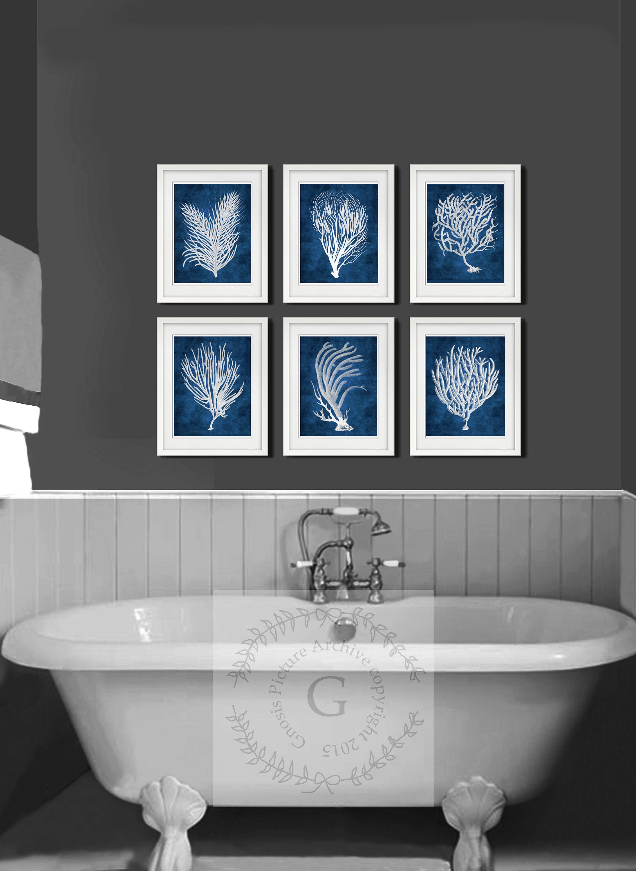 Navy Beach Wall Art, a Set of 6 White Sea Corals With Navy Background ...