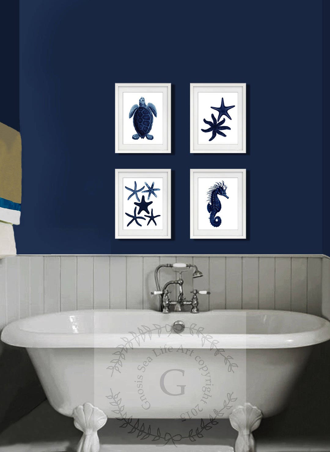Dark Navy Beach Wall Art Set of 4 Unframed Art Prints Seahorse ...