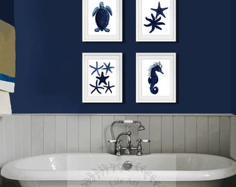 Dark Navy Beach Wall Art set of 4 unframed art prints seahorse, starfish. Beach Wall Art, Navy Color Bathroom Wall Decor, coastal wall decor