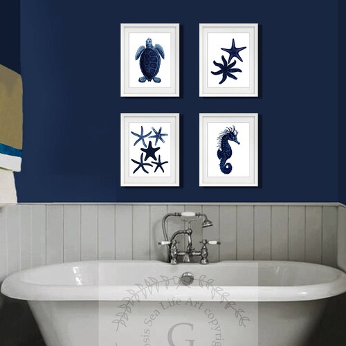 Dark Navy Beach Wall Art Set of 4 Unframed Art Prints Etsy