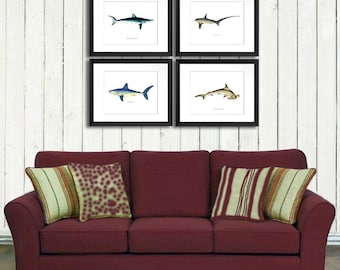 Shark Decor art print set of 4, Boy bedroom nautical Decor Shark Art print wall hanging, Ocean Nursery Decor