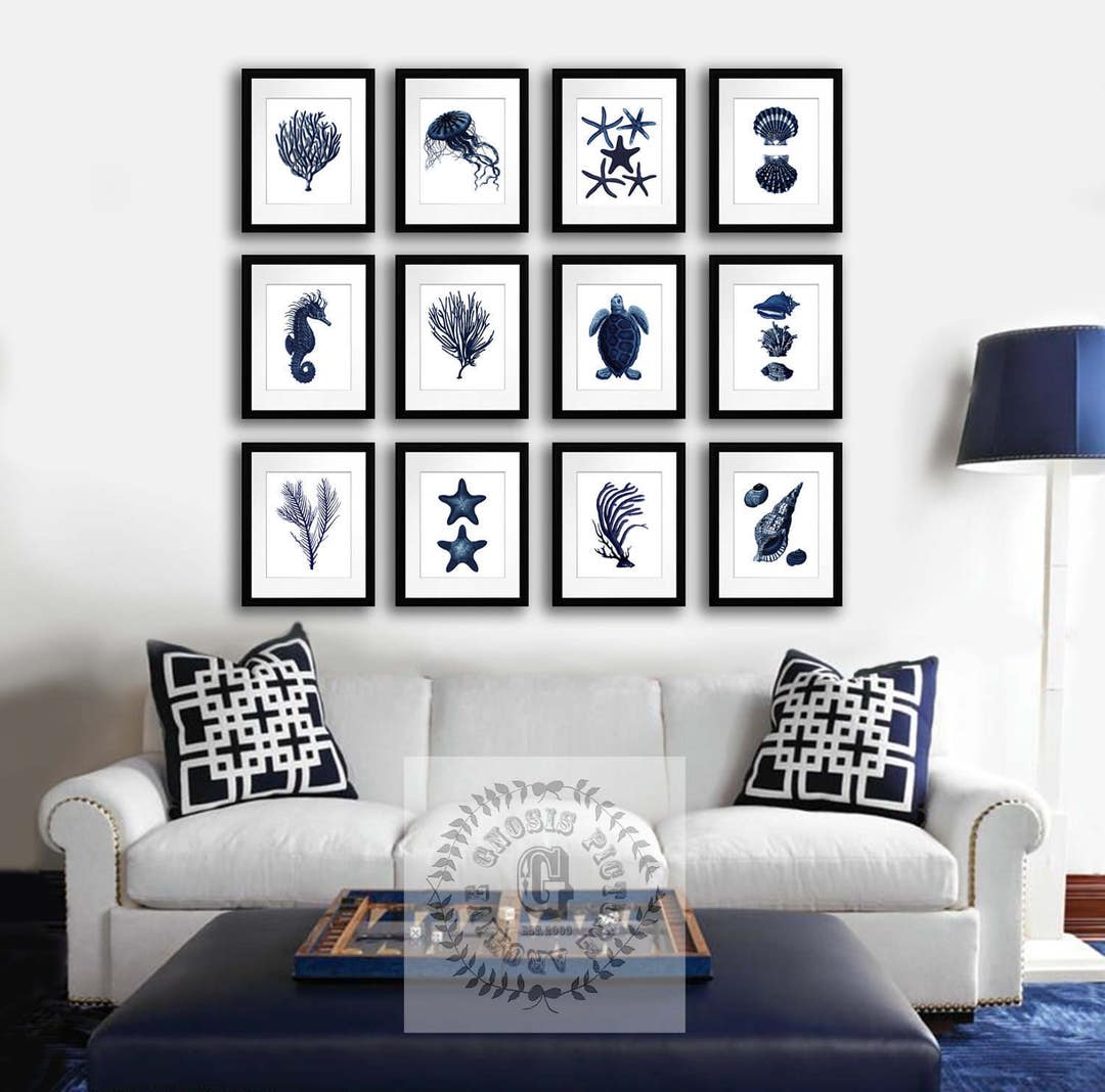 Coastal Wall Decor Set of 12 Unframed Art Prints Navy Blue Sea Turtle ...