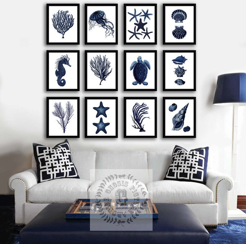 Coastal Wall Decor Set of 12 Unframed Art Prints Navy Blue Sea Etsy