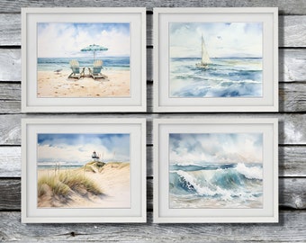 Ensemble de 4 tirages aquarelle sans cadre, paysage marin paisible, phare, voilier, décor de grand-mère côtière, cadeau de pendaison de crémaillère