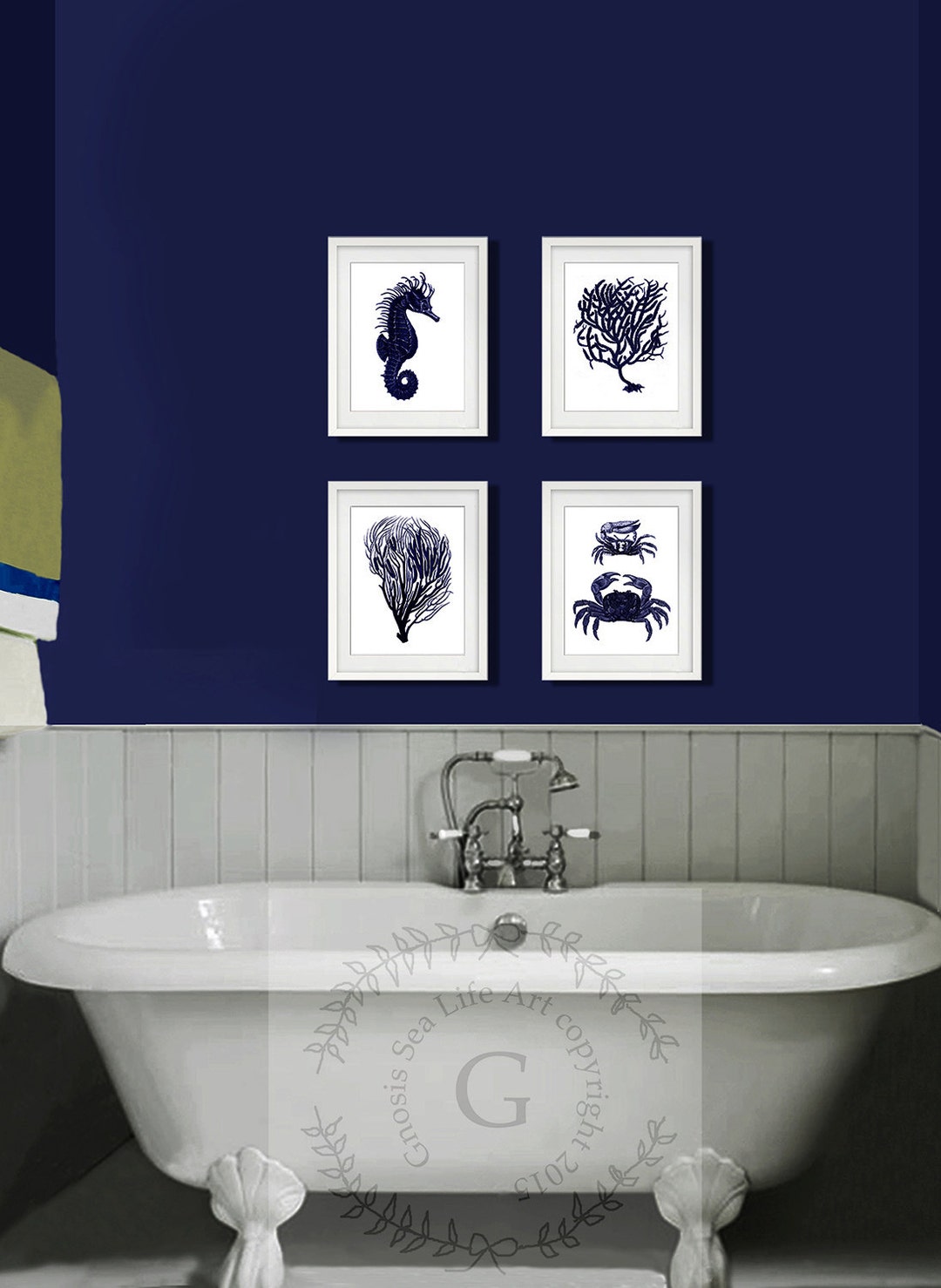 Dark Navy Blue and White Wall Art Set of 4 Sea Coral, Seahorse, Crab ...