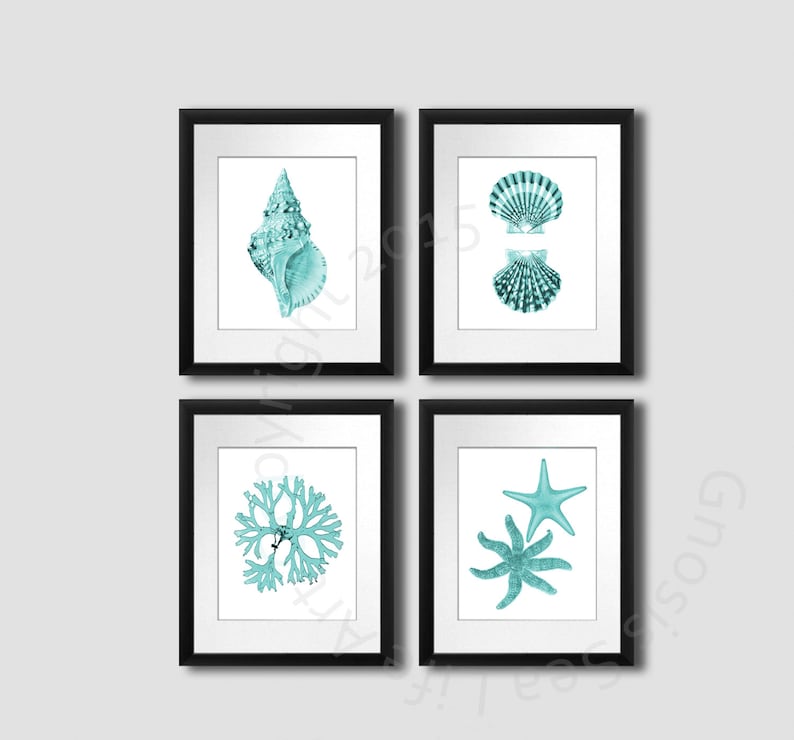 Turquoise Wall Art Set of 4 Unframed Art Prints Beach Decor, Seashells ...