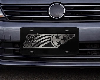 Tennessee Tristar License Plate, Black Laser Engraved Car Tag, State Flag Decor