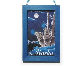 Alaska Magna-Plaque, Alaska Magnet, Wolves and Moon, Cubicle Decor, Small Gift, Housewarming Gift, Gift For Him, Gift For Her, Fridge Magnet