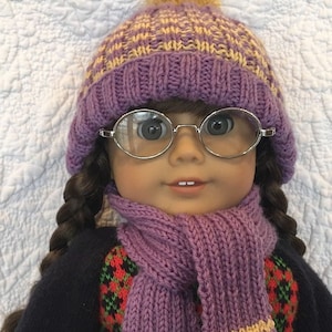 LIMITED EDITION!!! Classic 2x2 Lilac w/ Yellow striped hand knitted hat & matching scarf SET for your American Girl dolls.