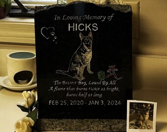 COLOR Dog Memorial Stone /Cat / Horse / Bird Rough Cut Stone  w/GRANITE BASE*,Design Your Own Pet Gravestone,9-10&quot; X 8-9&quot; X 1&quot;*