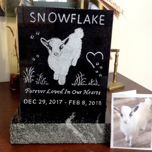 Memorial Marker - Personalized Gift, COLOR Hand Engraved  Goat / Dog / Cat Headstone, Polished Solid Granite w/ Granite BASE*5&quot; X 6&quot; X 1&quot;