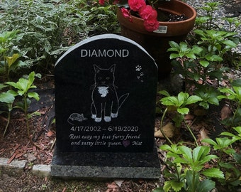 Solid Granite Cat Memorial / Marker, ~ Rough Cut Polished Granite Hand Engraved w/Granite BASE*  11-12&quot; x 9-10&quot; x 1
