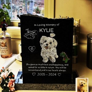 Hand Crafted Engraved Solid Granite COLOR Pet Memorial w/Granite BASE Pet Memorial Rough-Cut Dog /Cat/Horse 9-10&quot; x 8-9&quot;