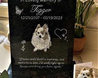 Dog Grave Marker - COLOR Pet Memorial Stone / Cat Gravestone ~ Polished Granite Hand Engraved Marker w/Granite BASE* 9-10" X 8-9" X 1""*
