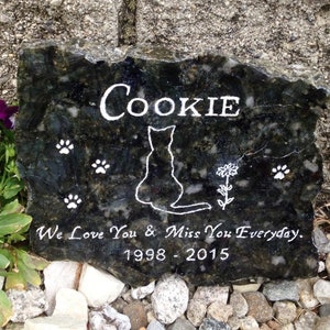 Small B&W Cat Memorial Stone Gift Idea, Pers Stone, Pet Loss Gift, Polished Granite Custom Garden Stone, (NO BASE)  (4-5" X 5-6" X 1")