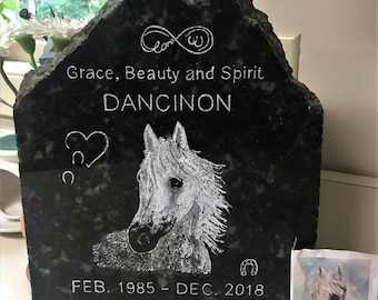 Horse COLOR cremation or Memorial Stone, Cat Dog Bird Rough Stone ~ Help Design Your Hand Engraved stone+Granite BASE* 11-12&quot; x 9-10&quot; x 1&quot;*