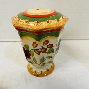 Vintage Ceramic Vase with Cover Beige Floral Print Size 3&quot;W x 4&quot;H