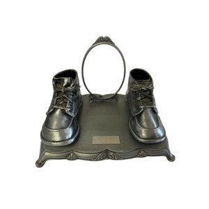 Vintage Silver Plated Baby Shoes Set de 9" 6 1/2" con marco de fotos