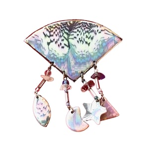 Vintage Enameled Pin Brooch Fan Shape Dangling Star Moon Charms 2 1/2" x 2 1/4"