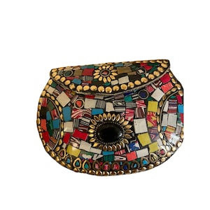 Mosaic Metal Stone Clutch Womens Ethnic Indian Antique Purse Mutli-colored 8&quot; x 5&quot; x 2&quot;