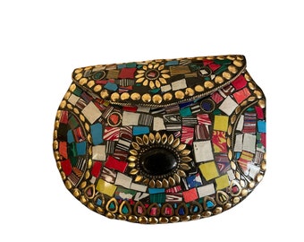 Mosaic Metal Stone Clutch Womens Ethnic Indian Antique Purse Mutli-colored 8" x 5" x 2"