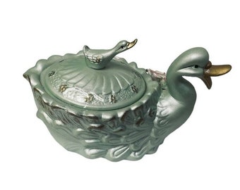 American Style Porcelain Blue Swan Lidded Cookie Jar Collectible Decorative 9"