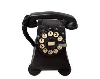Teléfono de escritorio con dial giratorio negro y temporizador con sonido en la parte posterior (almacenamiento de Boston)