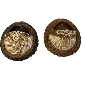 Vintage 2 Planters Half Round Hanging Wall Pocket Brown Ceramic 8 1/2&quot; x 7 1/2&quot;
