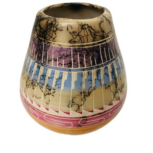 Handcrafted Navajo Pottery Vase Signed VT 4.5&quot; Colorful Southwestern Decor VT Nuojo