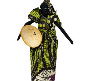 Vintage Hand Crafted African Senegal Cloth Doll Wire Bowl Waist Black 17 1/2"