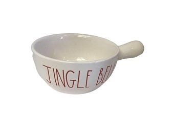 Rae Dunn Jingle Bells Soup Bowl with Handle White Red Christmas Excellent