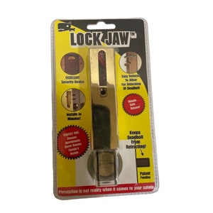 May include: A packaged "LOCK JAW" security device, featuring a gold-colored metal lock mechanism. The packaging is yellow and black, with text indicating easy installation and deadbolt protection. The text reads "Excellent Security Device" and "Patent Pending".