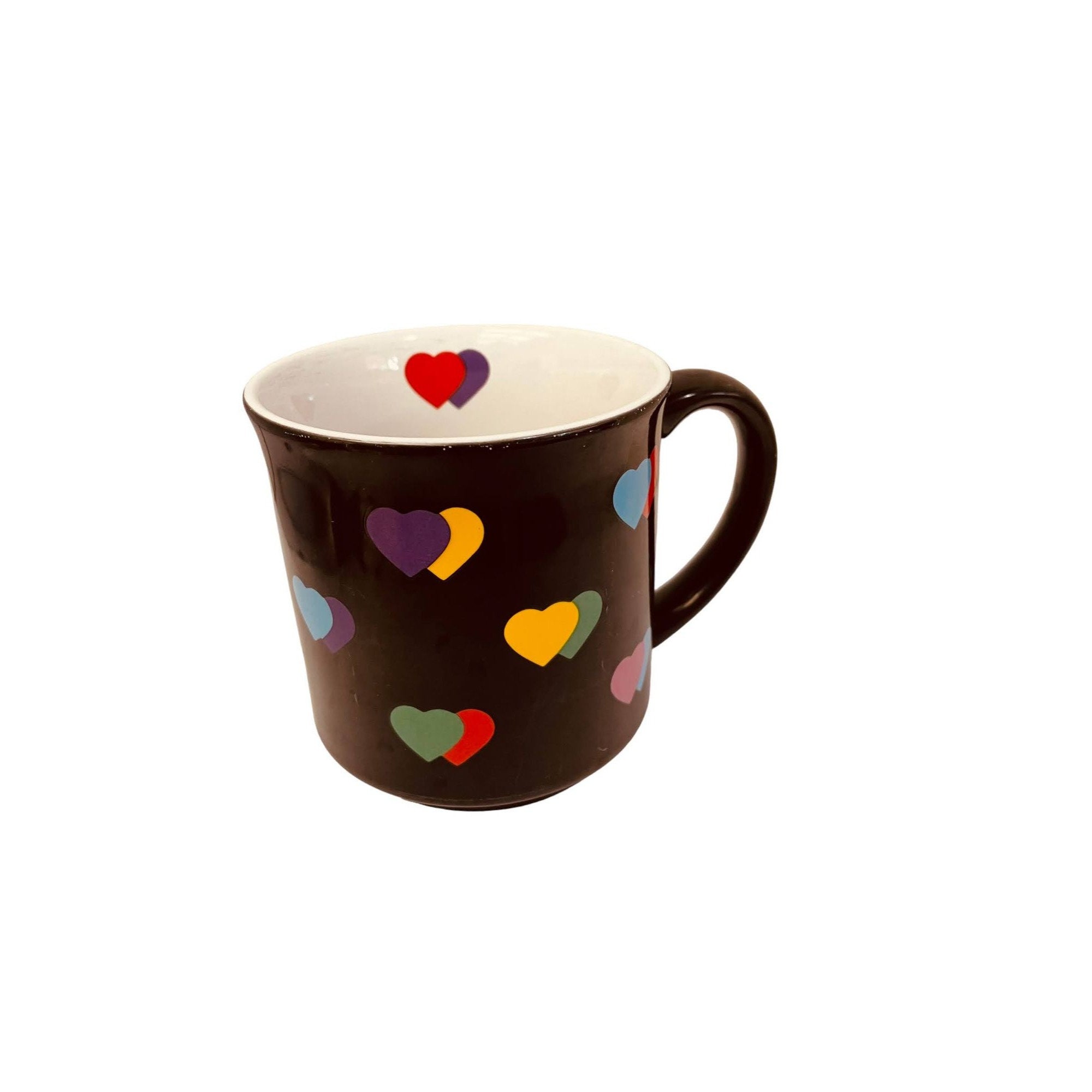 Vintage Coffee Mug Cup Retro Multicolor Hearts Black Ceramic