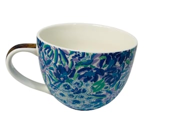 Lilly Pulitzer Blue Floral Ceramic Coffee Cup Mug  Gold Handle 12 oz Gold Handle