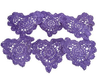 Toalhinhas de crochê com corações roxos e renda, 100% algodão, 15 cm, com bordas recortadas florais. LEIA