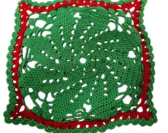 Christmas Crochet Hot Pad Potholder Green Red Handmade Square 8 1/2" x 8 1/2"