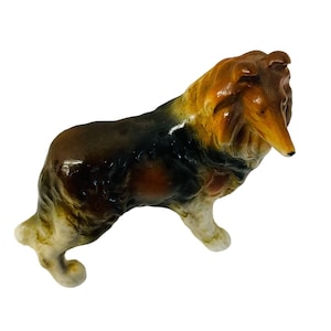 Vintage Glossy Figurine Ceramic Collie Dog Brown Missing One leg