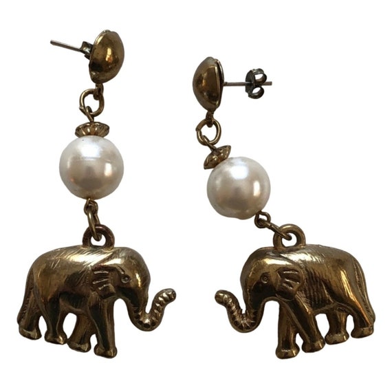 Dangling Elephant Earrings Pierced Gold Tone with… - image 1