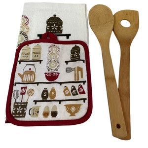 Kitchen Towel Pot Holder 2 Wooden Cooking Spatula Tan White