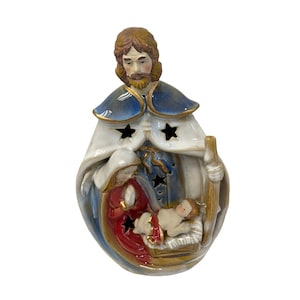 Votive Nativity Clay Ceramic Light Joseph Mary Jesus Teal Light Figure Glazed 9 1/2&quot;
