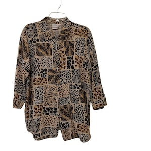 Hot Cotton Womens 100% Linen Button Up Top Blouse Animal Print 3/4 Sleeve Size L