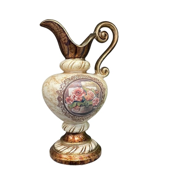 Veneto Decorative Vase Ceramic Floral Gold Plated Trim Italy 6.5 in