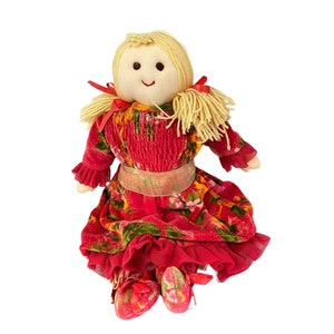 Vintage Cornel Baby Girl Long Hair Blond Dress  Stuffed Doll Plush Red Floral 12&quot;