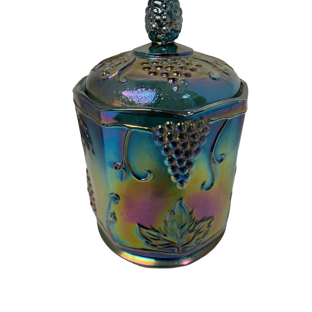 Vintage Indiana Carnival Glass Canister Jar Grapes Green Purple 7 1/2