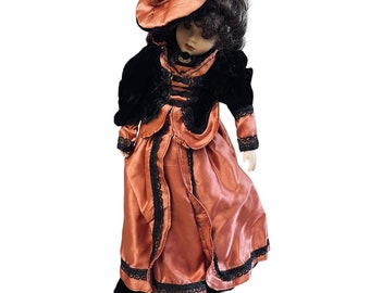 Vintage Porzellan Puppe Viktorianische Kleidung 18 "dekoratives Sammlerstück Orange Schwarz 18" Gelesen